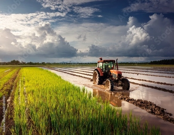Obraz tractor plowing paddy field under cloudy sky