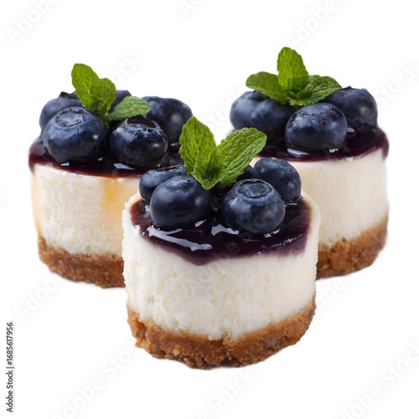 Obraz Mini Cheesecakes Topped with Blueberries isolated on a transparent background.