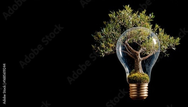 Fototapeta A miniature bonsai tree thrives within a clear glass lightbulb, evoking imagery of sustainable energy and innovative design.