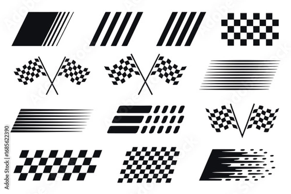 Fototapeta Racing Graphics Vector Set – Includes Checkered Flags, Speed Stripes, and Finish Line Patterns for Car Decals, Motorsport Banners, and High-Energy Auto Design Elements