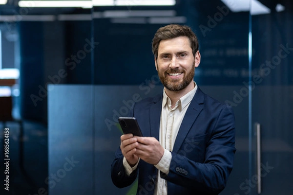 Fototapeta Portrait of a smiling young businessman in a suit standing in an office, holding a phone, looking at the camera