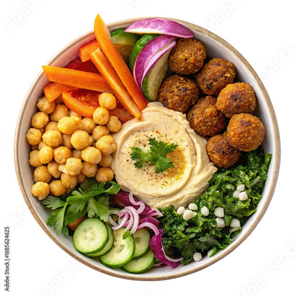 Fototapeta Healthy vegetarian falafel bowl with fresh veggies and creamy hummus for a nutritious meal option