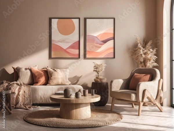Fototapeta A beige and terracotta living room, illuminated by natural light, features abstract art and a cozy atmosphere.