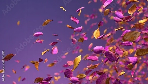 Fototapeta Delicate petals of vibrant purple and golden hues float gracefully against a serene, lavender background, creating a captivating visual display.