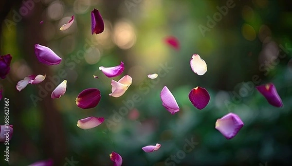Fototapeta Delicate rose petals, vibrant purples and whites, gracefully dance in the soft sunlight, creating a captivating and ethereal scene.