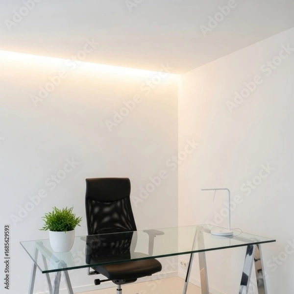 Obraz Bright and Modern Minimalist Home Office with Glass Desk, Black Ergonomic Chair, and Soft Cove Lighting