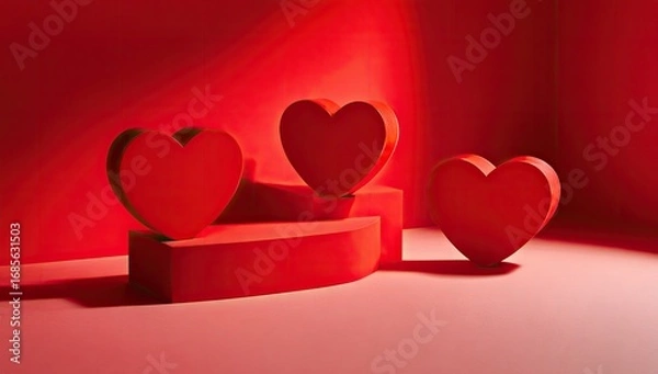 Fototapeta Three dimensional red hearts rest on a red display podiums against a deep red backdrop.