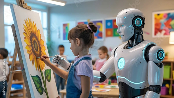 Fototapeta Child painting sunflower with robot assistant in classroom, concept of AI in education and creativity
