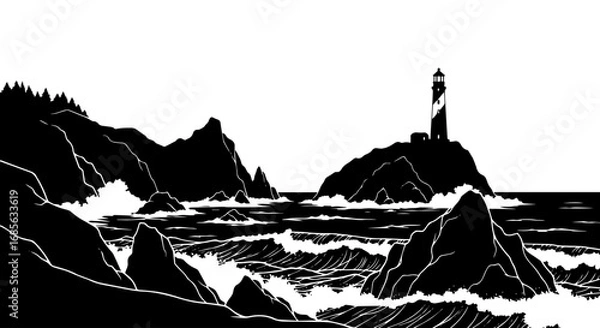 Fototapeta Rocky coast with ocean waves and lighthouse, black vector landscape illustration isolated on transparent or white background.