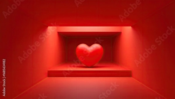 Fototapeta A vibrant red heart-shaped object sits centrally within a deep-red geometric architectural space, illuminated from within.