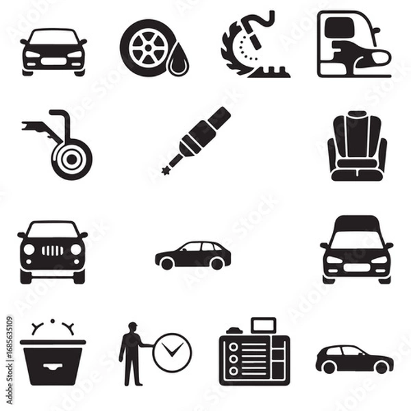 Fototapeta Collection of black and white icons representing various automotive services and vehicle types for car repair and maintenance concepts