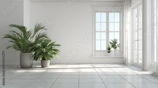 Fototapeta Bright, sunlit room with large plants, a grid window, and sheer curtains