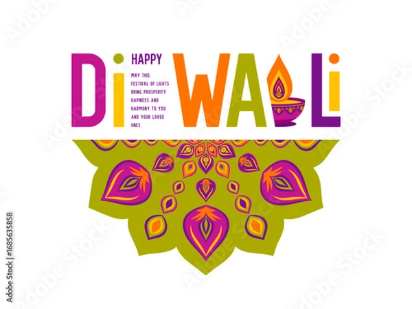 Fototapeta Diwali colorful typography with Diya lamp and mandala decoration on white background, festive design for Happy Diwali celebration greeting card and banner. Vector illustration