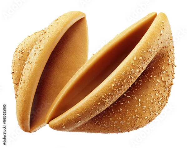 Obraz Two halves of a light golden-brown, shell-shaped confection, open, revealing a smooth, light beige interior.  A sprinkle of light golden-brown crumbs/seeds is visible on the exterior