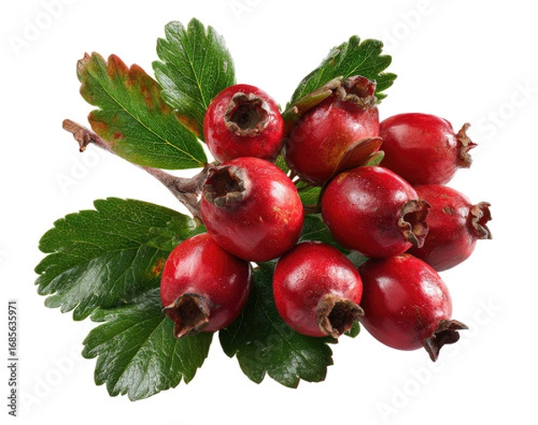 Fototapeta Close-up of hawthorn berries and leaves.  Bright red berries cluster on a branch with lush green leaves.  Sharp focus on the fruit and foliage