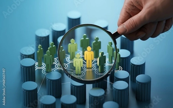 Fototapeta Hand holding magnifying glass focusing on key employee within network; 3D render, blue tone, professional mood.