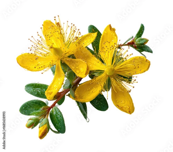 Fototapeta Close-up of vibrant yellow flowers with green leaves.  Dew drops adorn petals and leaves.  Small flower buds are visible