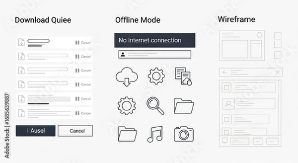 Fototapeta A digital interface showcasing download progress, offline mode notification, and a wireframe design.