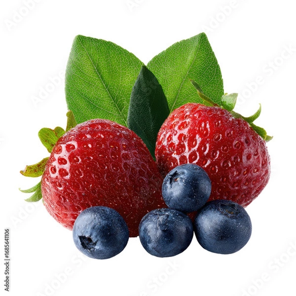 Fototapeta Fresh strawberries and blueberries, vibrant red and blue berries with green leaves