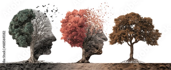 Fototapeta Four trees, representing stages of life, growing from a single root