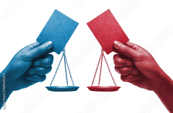 Fototapeta Two hands, colored blue and red, hold a balance scale with blue and red cards