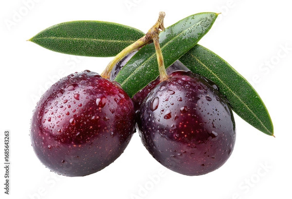 Fototapeta Two dark purple olives with water droplets, nestled together, resting on fresh green leaves
