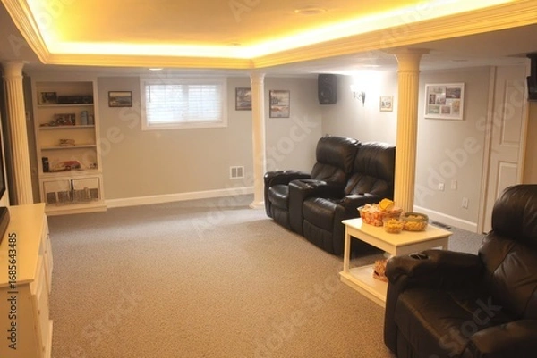 Fototapeta Finished basement home theater with comfortable seating.