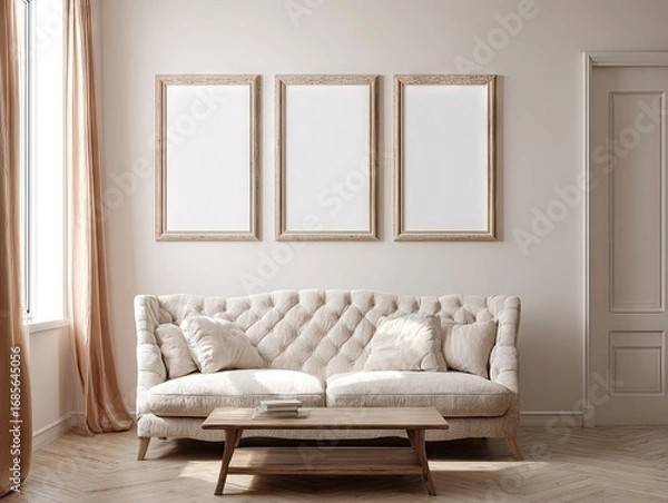 Fototapeta Three empty picture frames adorn a light beige wall, showcasing a cream-colored tufted sofa and a light wooden coffee table in a serene, elegant living room setting.