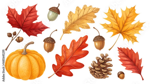 Obraz Autumn leaves PNG set with red, orange, and yellow leaves, pumpkins, acorns, pinecones, isolated on transparent background