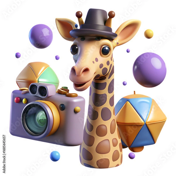Obraz Charming Giraffe Photographer with Retro Camera