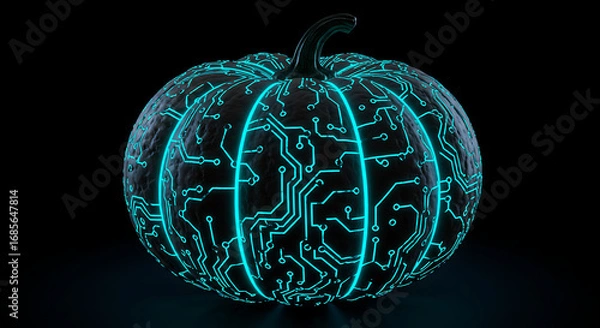 Obraz Digital Halloween Pumpkin with Glowing Circuit Board Lines on a Dark Background