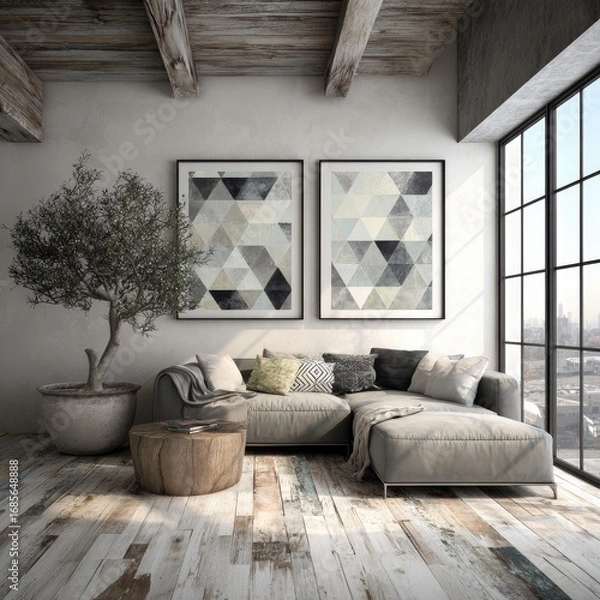Fototapeta A modern, neutral living room features a comfortable sectional sofa, geometric prints, and a rustic wood floor.
