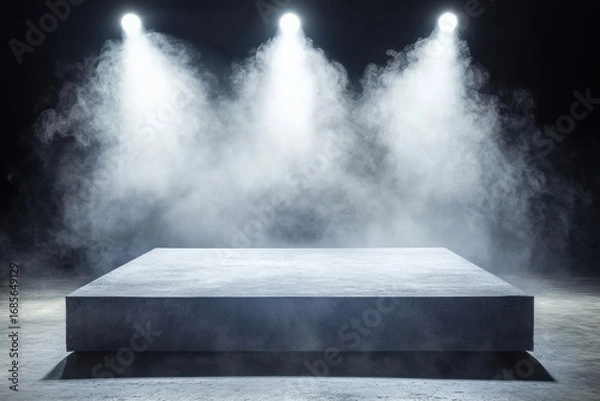 Fototapeta Empty concrete podium illuminated by three spotlights surrounded by dense smoke in dark setting. Dramatic scene for product display or event concept.