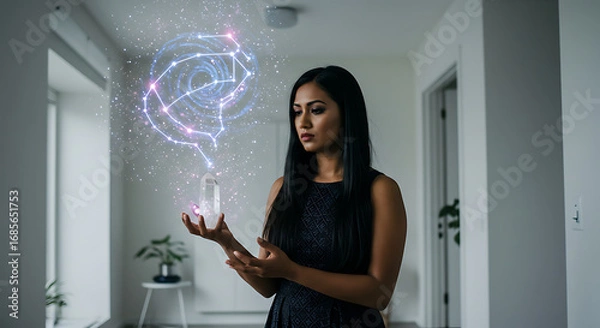 Obraz A focused woman interacts with a glowing, intricate holographic projection, representing the convergence of human intellect and advanced artificial intelligence for future innovation