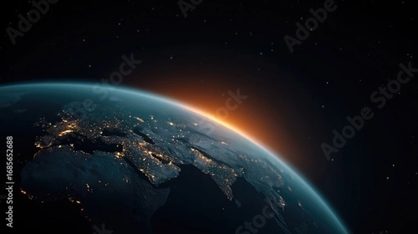 Fototapeta Dramatic view of Earth at dawn showcasing vibrant colors and city lights below