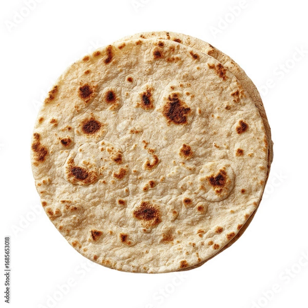 Fototapeta Round, baked flatbread, light tan with browned spots