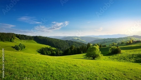 Obraz green landscape featuring lush trees rolling hills and a clear blue sky environment trees