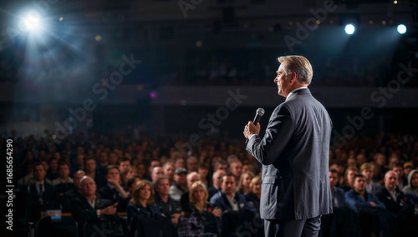 Fototapeta Speaker addressing a large audience at an event.