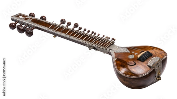 Obraz Traditional sitar with rich wooden body intricate details and stringed musical instrument craftsmanship transparent background