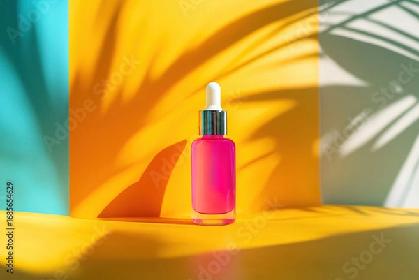 Fototapeta Cosmetic dropper bottle with pink serum placed on yellow surface with tropical leaf shadow. Skincare product branding concept with modern summer vibe and vibrant background.