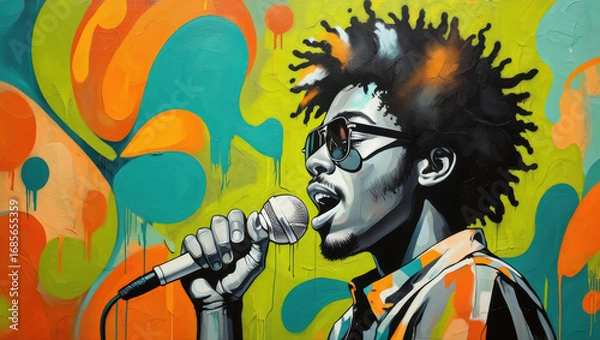 Fototapeta A vibrant, stylized painting depicts a singer with curly hair passionately holding a microphone, set against a colorful abstract background with swirling orange and teal shapes.