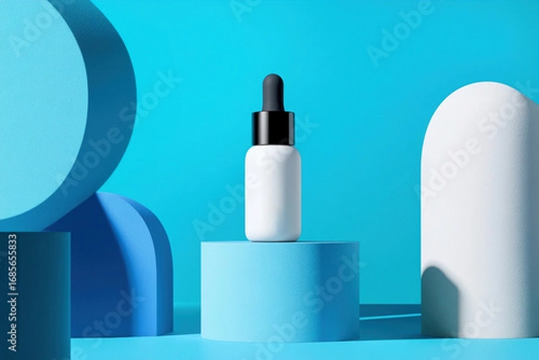 Fototapeta Mockup of dropper bottle for skincare serum displayed on blue geometric shapes with modern minimal background. Beauty product concept.