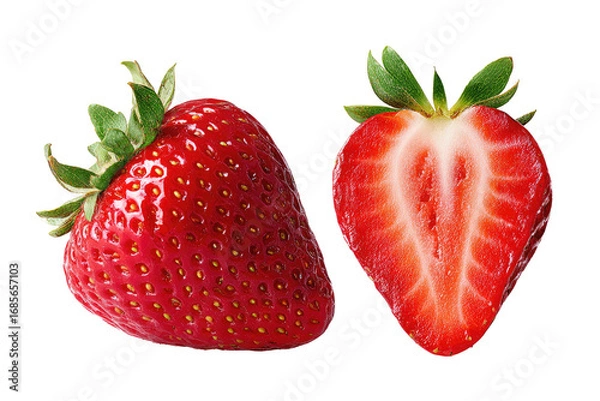 Fototapeta Two fresh strawberries, one whole and one sliced in half, displayed against a black background.  The berries are vibrant red, with visible seeds and green leafy tops