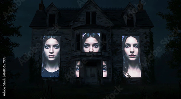 Obraz The spectral face of a sad woman illuminated in the windows of an old, creepy house, a concept of haunting and memory