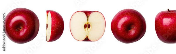 Fototapeta Red apples, whole and halved, displayed in a row