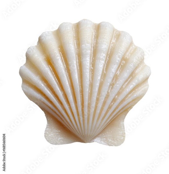 Fototapeta Close-up of a scallop shell.  Creamy white, intricate ribbed texture.  Isolated against black background