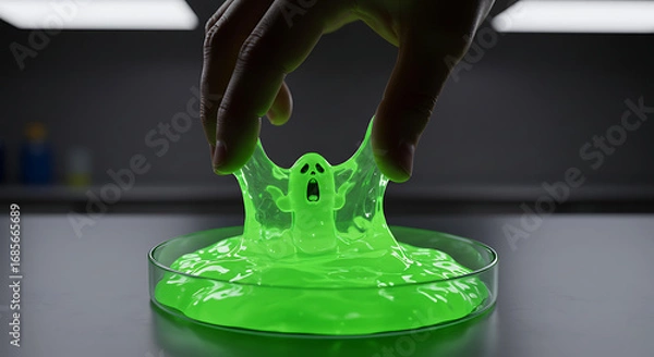 Obraz Person's hand pulling a glowing green slime ghost from a petri dish, creative concept