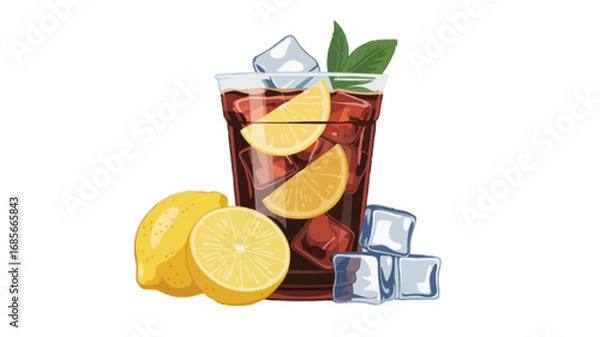 Fototapeta  ice tea or cola in plastic cup with ice and lemon isolated on transparent background 