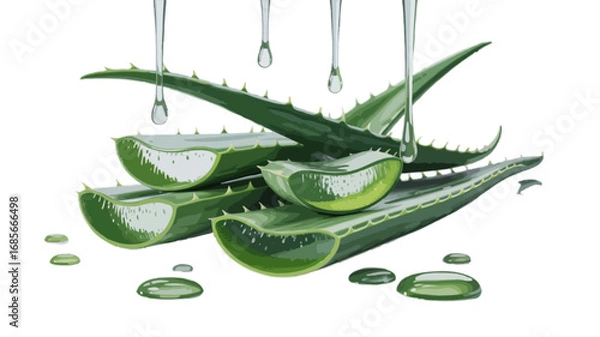 Fototapeta  fresh cut aloe vera leaves with drops isolated on transparent background