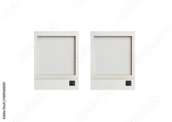 Fototapeta Two identical, light beige, rectangular devices.  Each has a blank, white screen and a small, dark camera-like element.  Flat lay, isolated